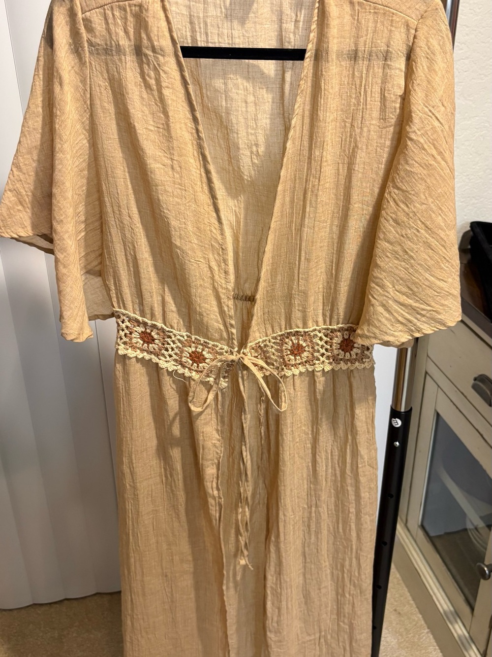 Cream Crochet-Waist Lightweight Poncho Sweater